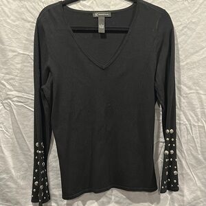 INC International Concepts Black V-Neck Top with Embellished Sleeves
